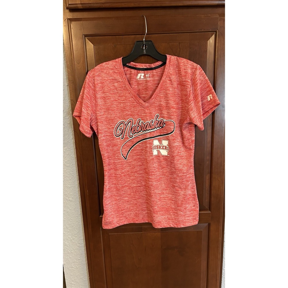 Nebraska Huskers Russell Women's V-neck Shirt Medium Red/white UNL Cornhuskers